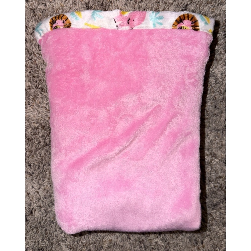 Le Bebe Favorite Pink Baby Blanket Giraffe Lion Elephant Trim Border 30x40 Plush
